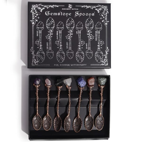 Set de 7 Cucharas de Bruja de Cristal con Piedra Preciosa de Bronce