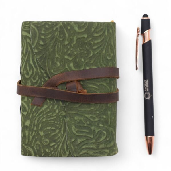 Cuaderno grueso de cuero con borde deckle – Patrón de laberinto verde – 12.7×8.9 cm