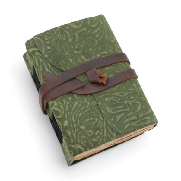 Cuaderno grueso de cuero con borde deckle – Patrón de laberinto verde – 12.7×8.9 cm