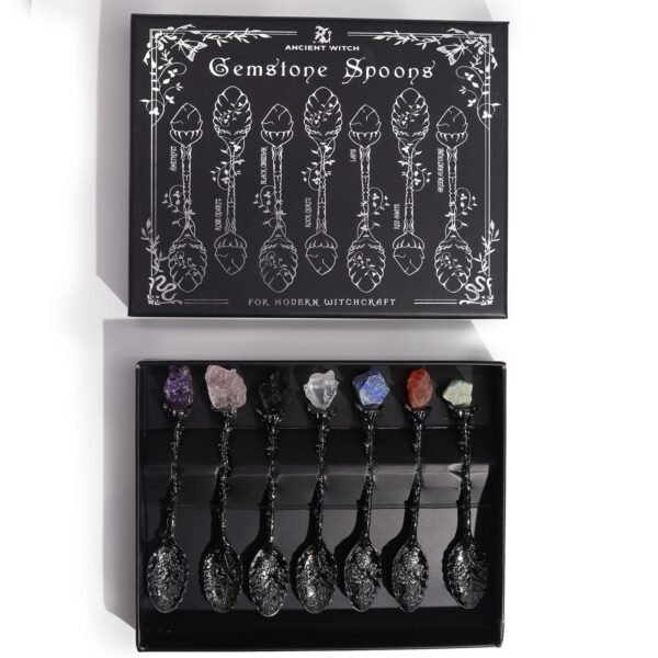 Juego de 7 Cucharas de Bruja de Cristal de Piedra Preciosa de Plata Oscura