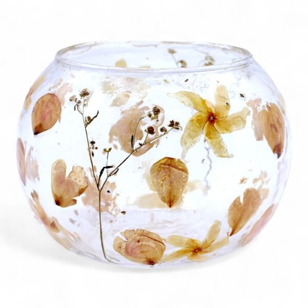 Portavelas de Vidrio floral natural - Cuenco grande rosa - (12x13cm)